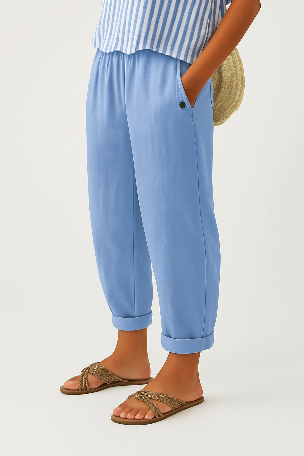 Pantaloni estivi da donna effetto lino, leggeri e comodi con coulisse in vita - Azzurro