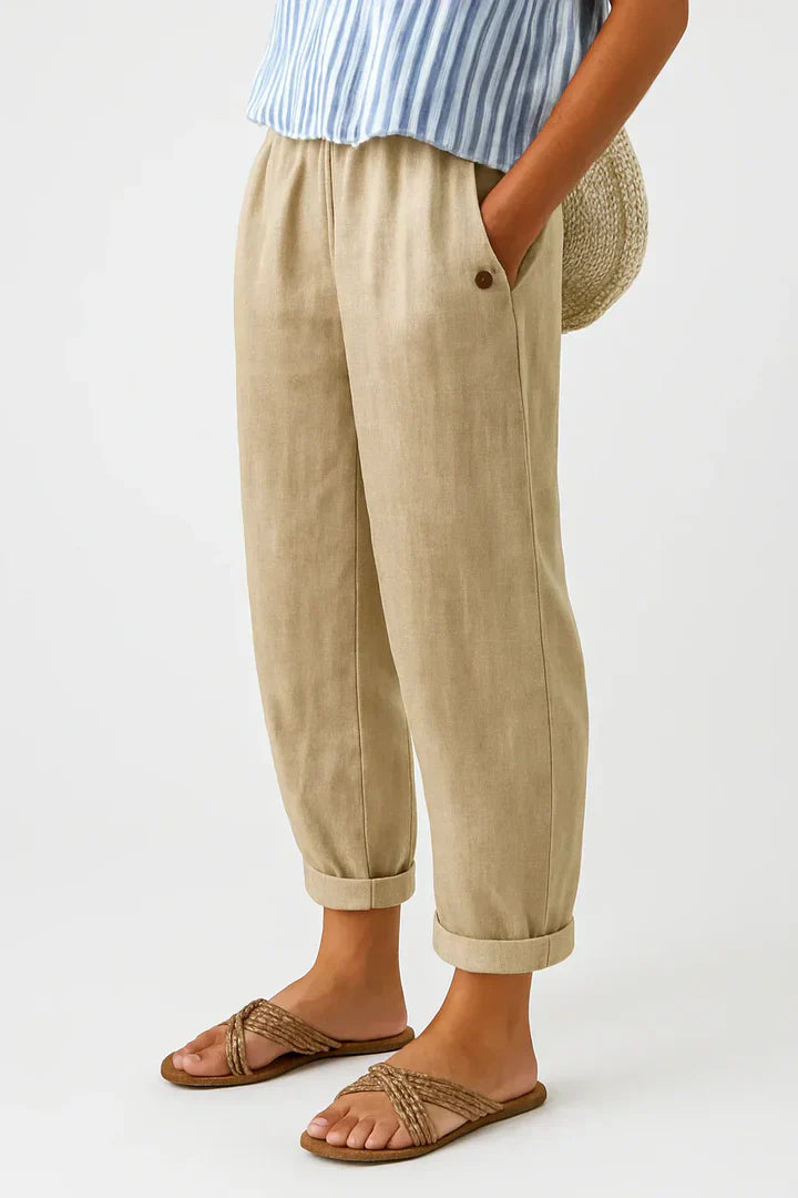 Pantaloni estivi da donna effetto lino, leggeri e comodi con coulisse in vita - Beige