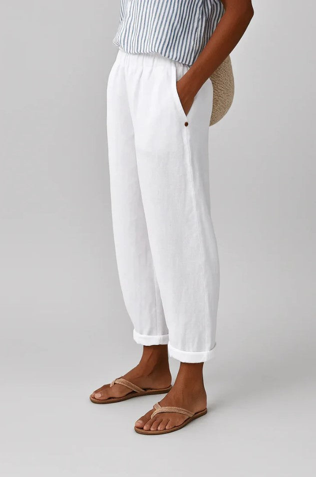 Pantaloni estivi da donna effetto lino, leggeri e comodi con coulisse in vita - Bianco