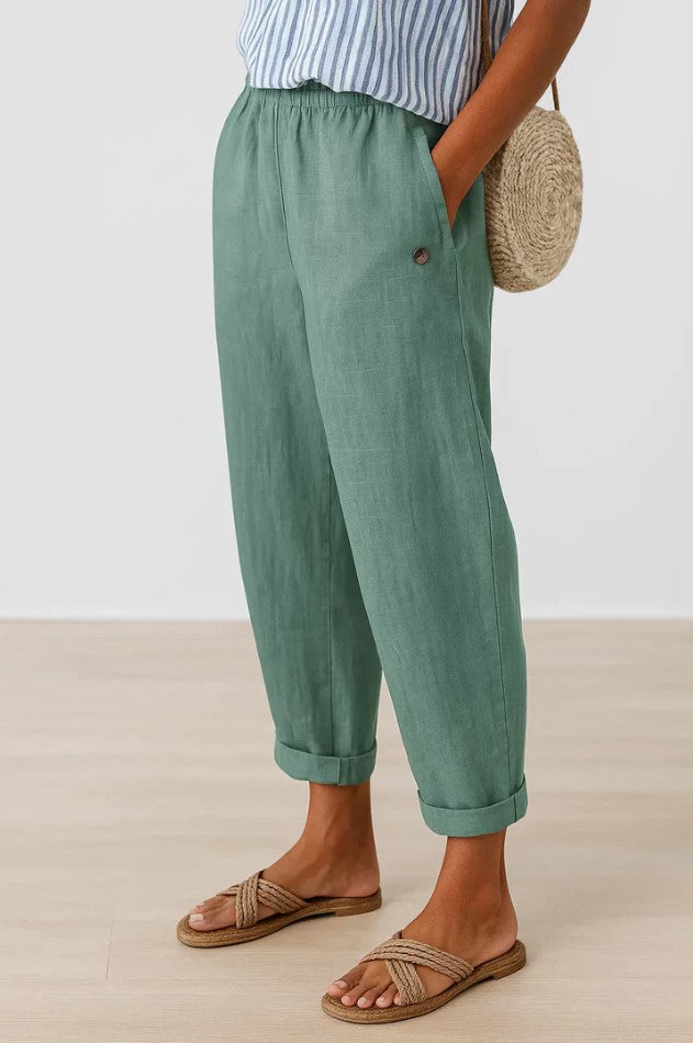 Pantaloni estivi da donna effetto lino, leggeri e comodi con coulisse in vita - Verde chiaro