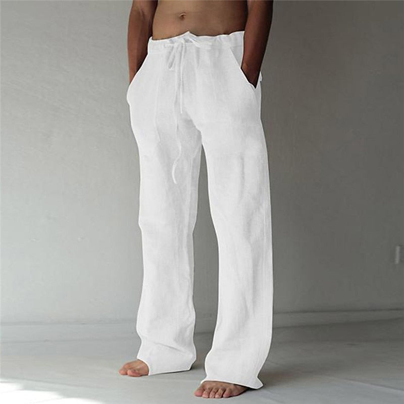 Pantaloni in misto lino da uomo dal taglio ampio, casual per l'estate, con coulisse in vita - Bianco