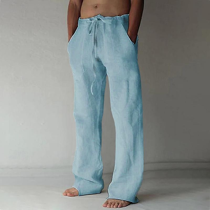 Pantaloni in misto lino da uomo dal taglio ampio, casual per l'estate, con coulisse in vita - Blu