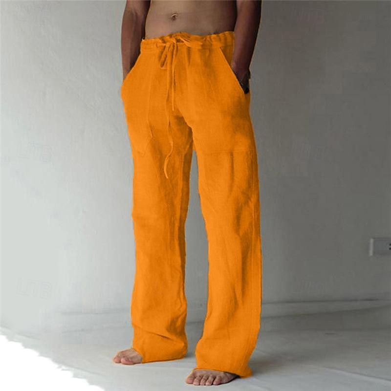 Pantaloni in misto lino da uomo dal taglio ampio, casual per l'estate, con coulisse in vita - Giallo