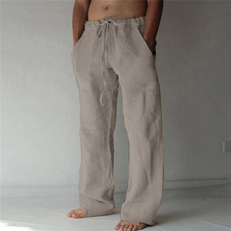 Pantaloni in misto lino da uomo dal taglio ampio, casual per l'estate, con coulisse in vita - Grigio