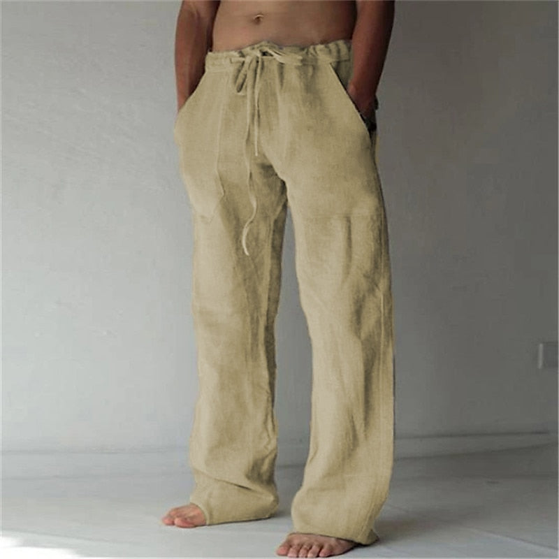 Pantaloni in misto lino da uomo dal taglio ampio, casual per l'estate, con coulisse in vita - Kaki