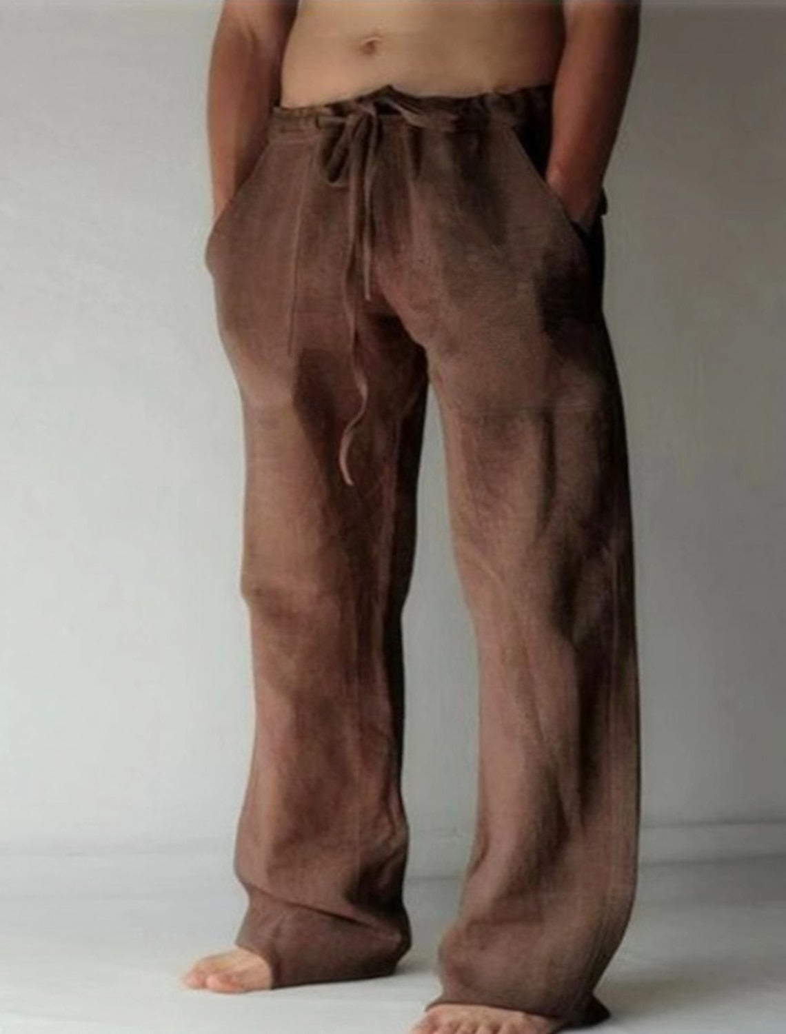 Pantaloni in misto lino da uomo dal taglio ampio, casual per l'estate, con coulisse in vita - Marrone