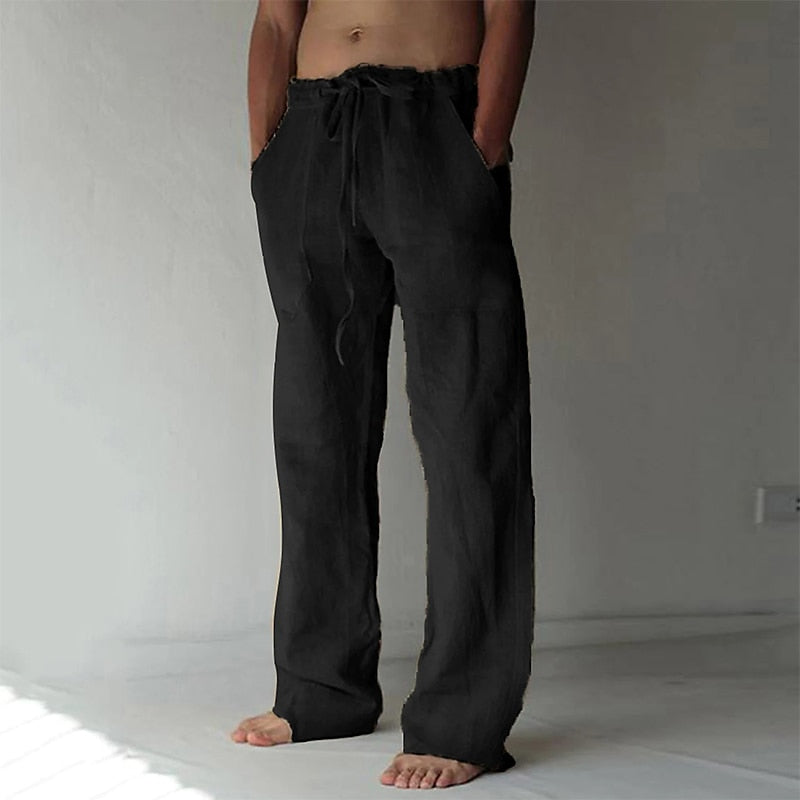 Pantaloni in misto lino da uomo dal taglio ampio, casual per l'estate, con coulisse in vita - Nero