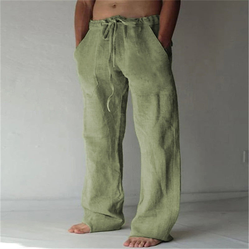 Pantaloni in misto lino da uomo dal taglio ampio, casual per l'estate, con coulisse in vita - Verde