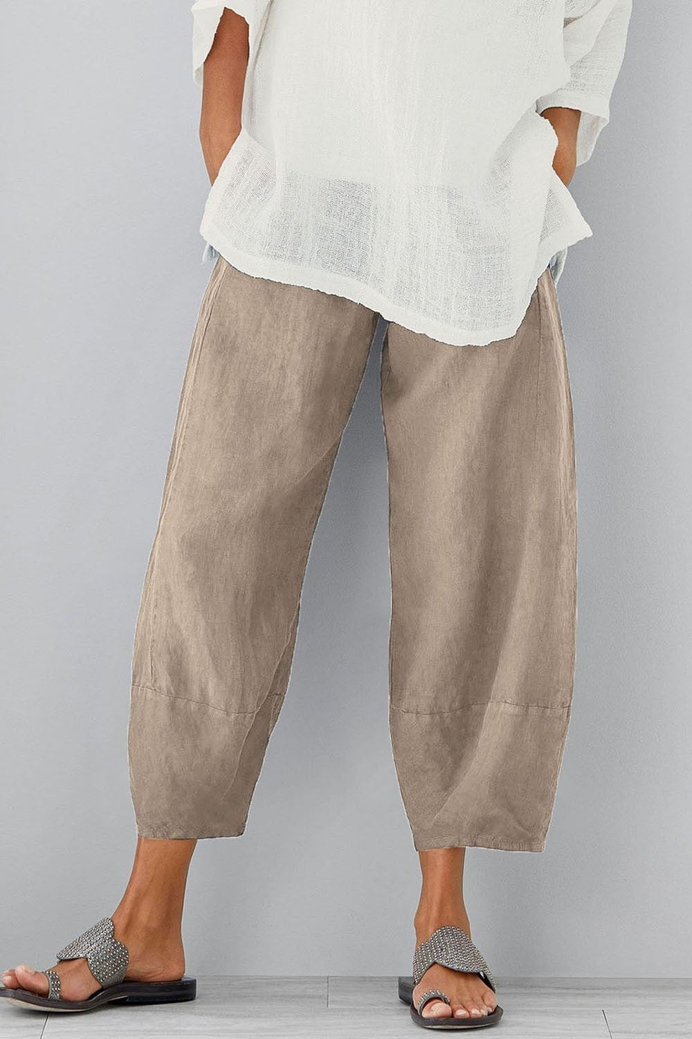 Pantaloni larghi da donna con tasche e vita elastica, comodi e casual per l'estate - Kaki