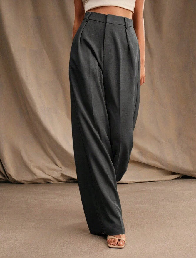 Pantaloni palazzo donna a vita alta, sartoriali ed eleganti, per ufficio e cerimonia - Grigio scuro
