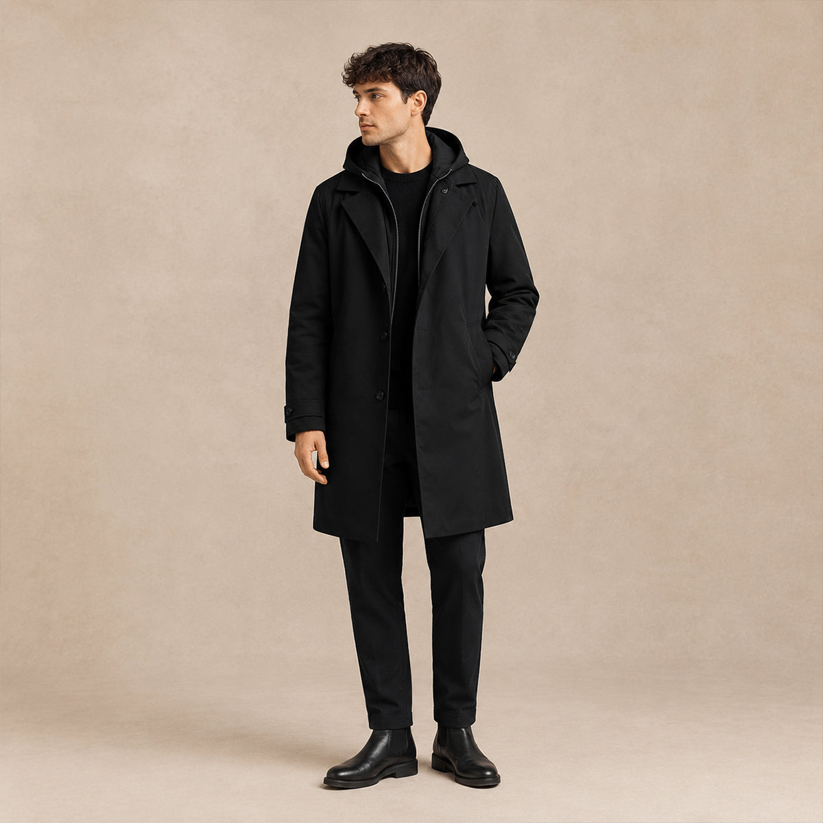 Parka uomo lungo con cappuccio, giacca imbottita elegante per mezza stagione e inverno - Nero