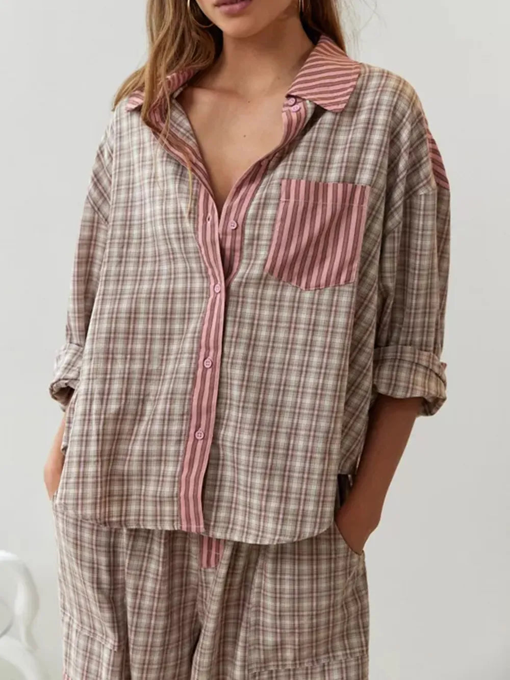 Pigiama donna in cotone a due pezzi, camicia oversize a quadri e righe con pantaloni lunghi, per l'autunno - view 5