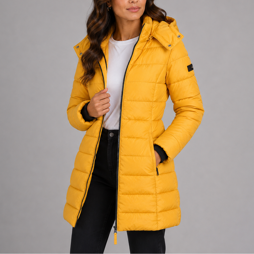 Piumino da donna con cappuccio trapuntato, giacca invernale lunga e slim - Giallo