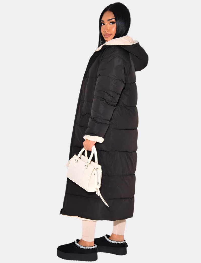Piumino lungo da donna reversibile con cappuccio, trapuntato per l'inverno - view 6