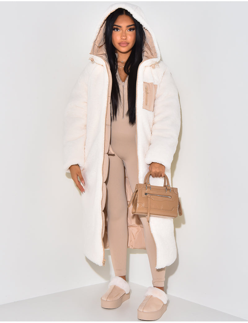 Piumino lungo da donna reversibile con cappuccio, trapuntato per l'inverno - Bianco