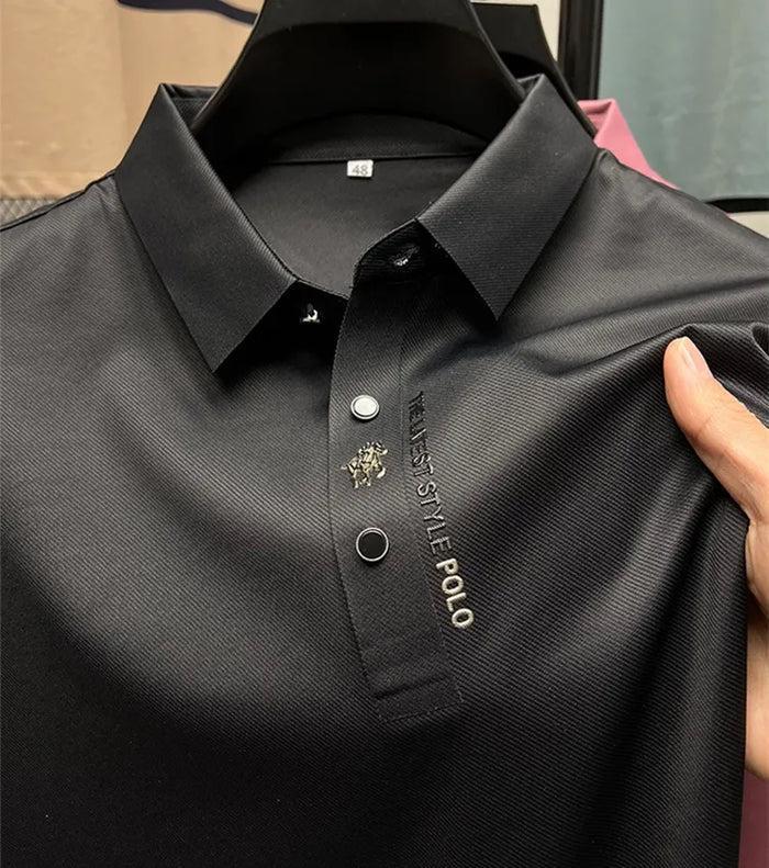 Polo da uomo in cotone elasticizzato, traspirante e dalla vestibilità moderna, per lavoro e tempo libero - Nero