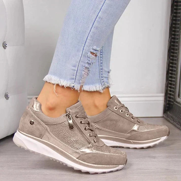 Sneakers da donna a pianta larga con zip laterale, comode per camminare tutto il giorno - Grigio kaki