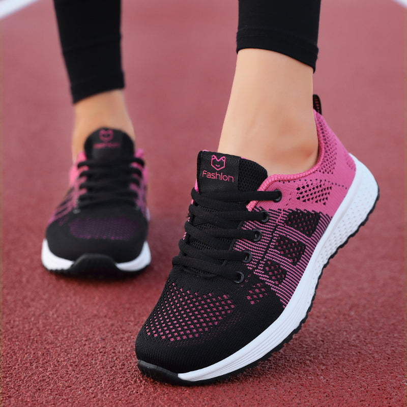 Sneakers donna comode con suola ad aria in mesh traspirante, scarpe da ginnastica sportive per il tempo libero - Nero-Rosa