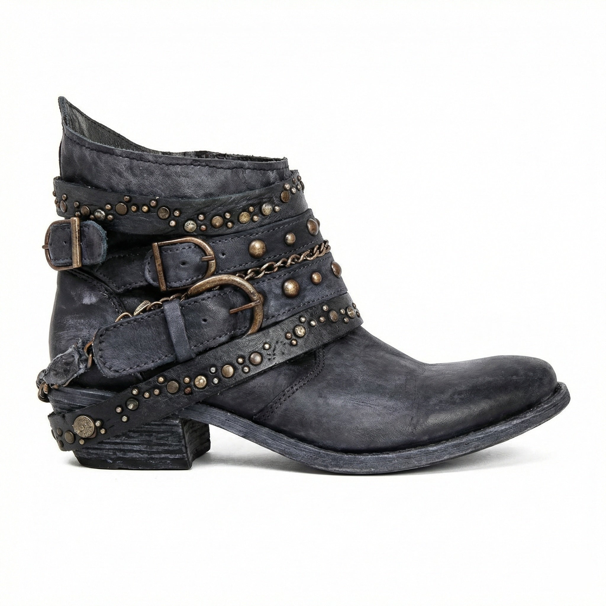 Stivaletti biker da donna con borchie e fibbie, tacco basso in stile vintage - view 10
