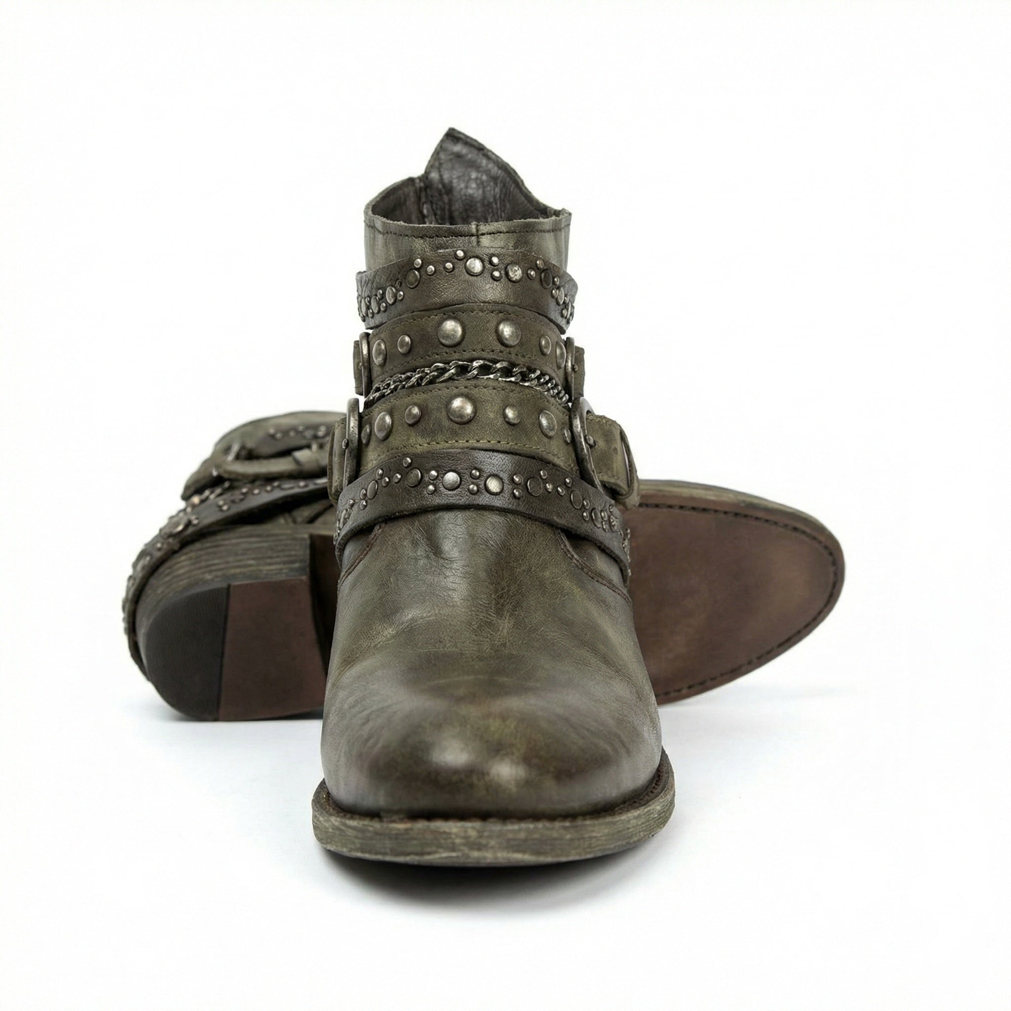Stivaletti biker da donna con borchie e fibbie, tacco basso in stile vintage - view 12