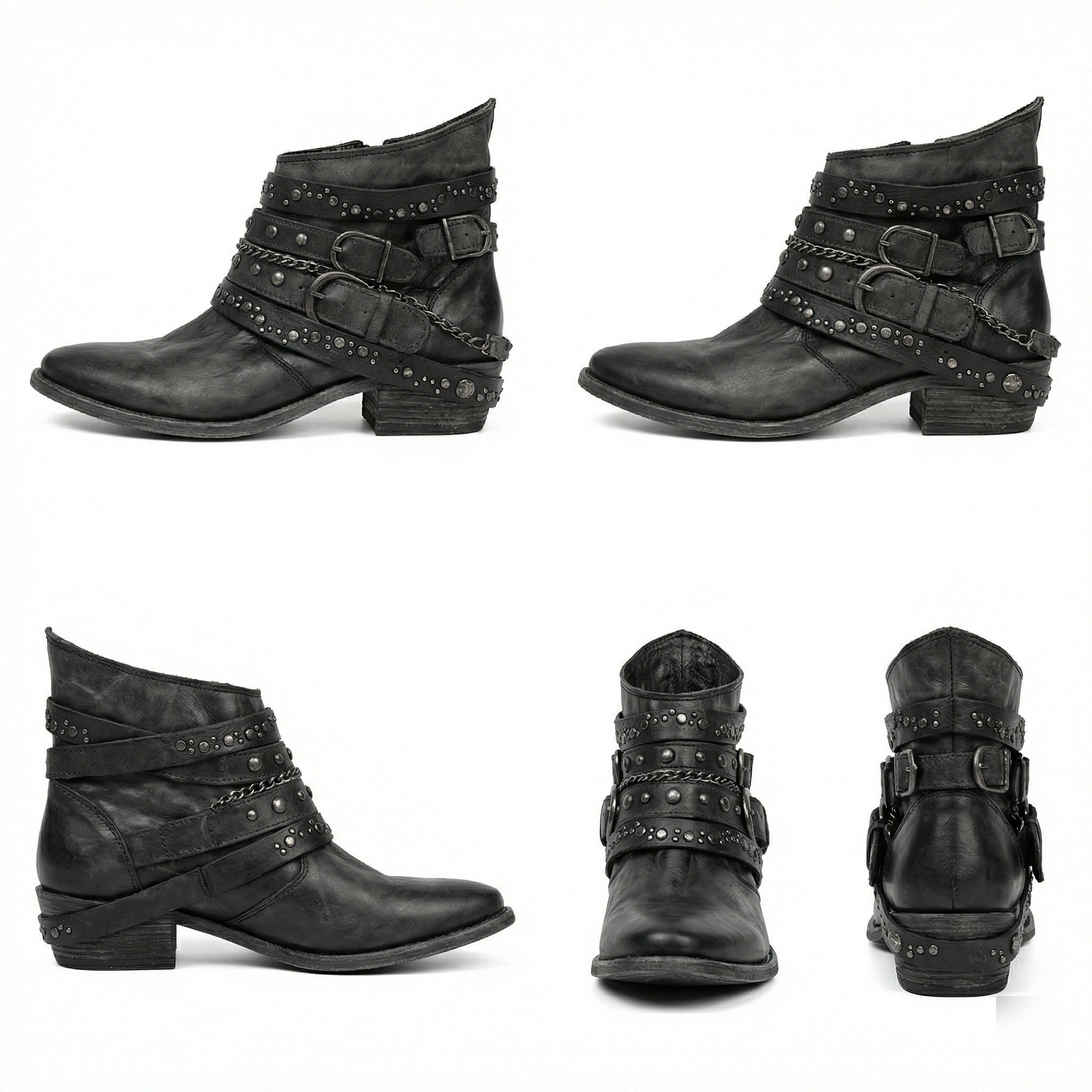 Stivaletti biker da donna con borchie e fibbie, tacco basso in stile vintage - view 16