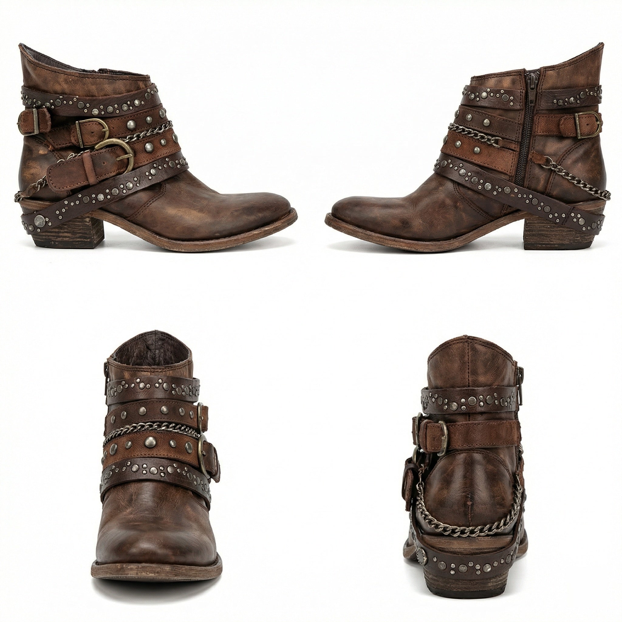 Stivaletti biker da donna con borchie e fibbie, tacco basso in stile vintage - view 7