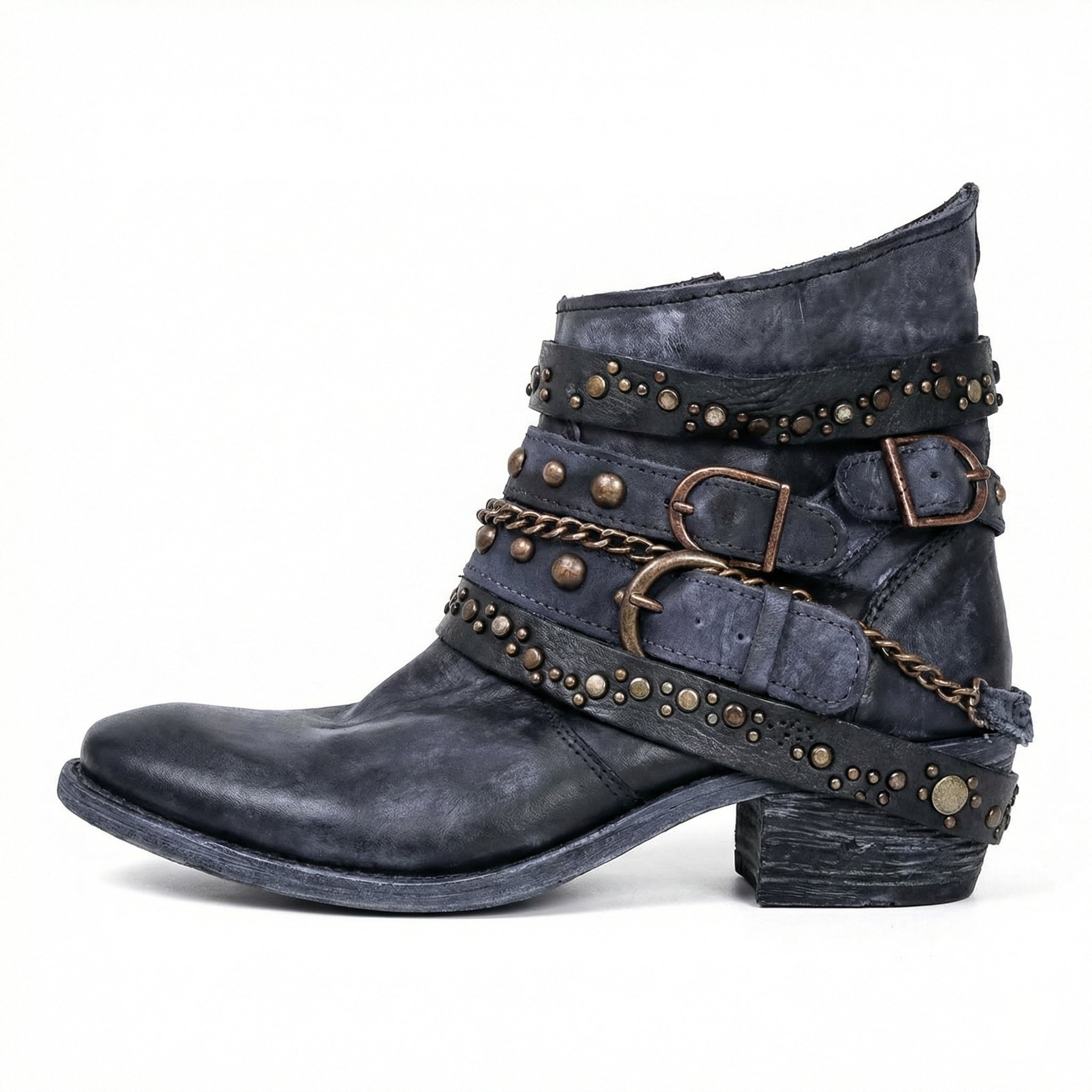 Stivaletti biker da donna con borchie e fibbie, tacco basso in stile vintage - Blu