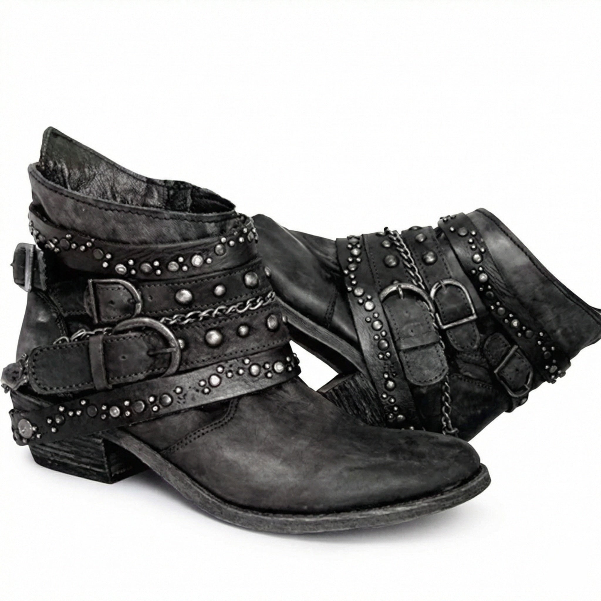 Stivaletti biker da donna con borchie e fibbie, tacco basso in stile vintage - Nero