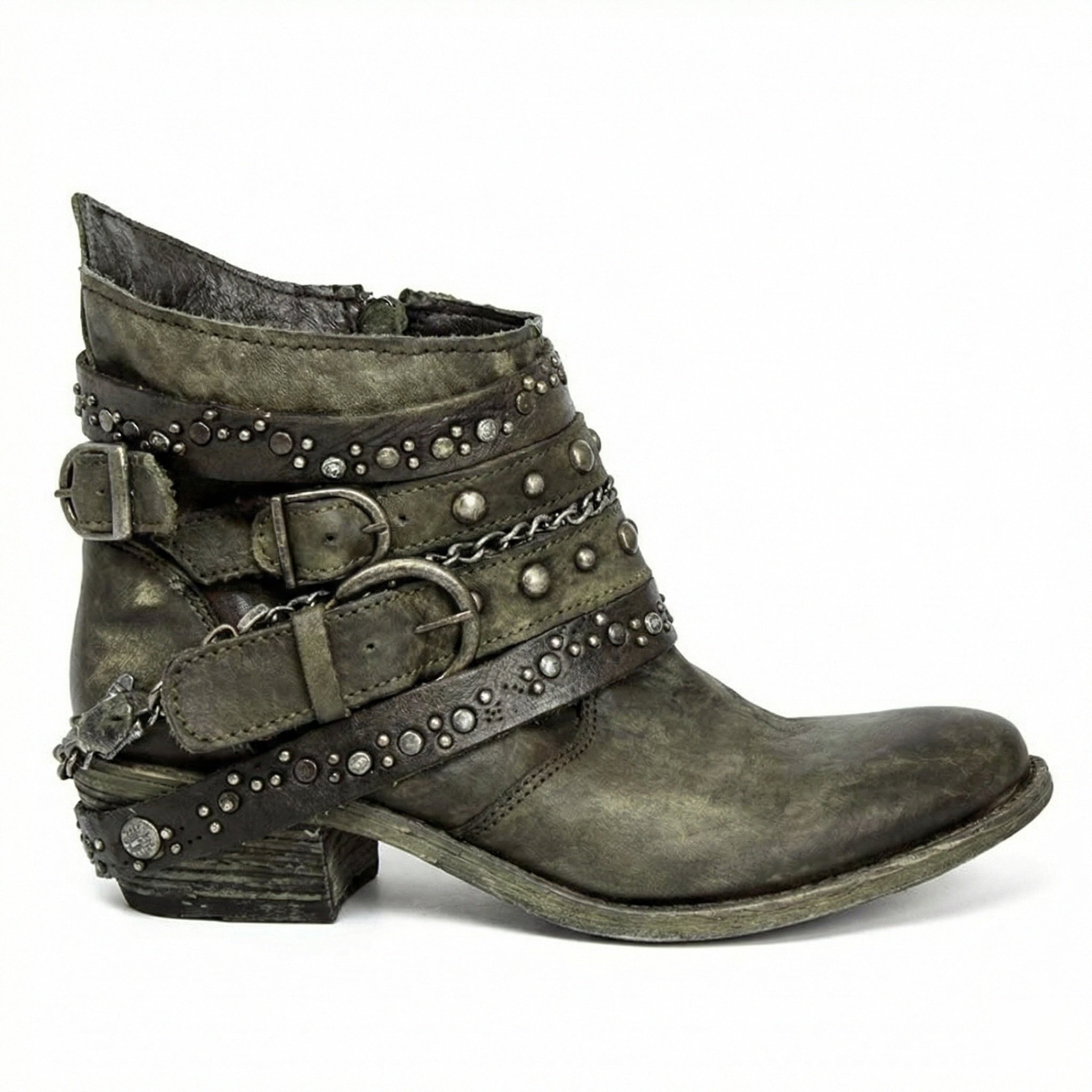Stivaletti biker da donna con borchie e fibbie, tacco basso in stile vintage - Verde