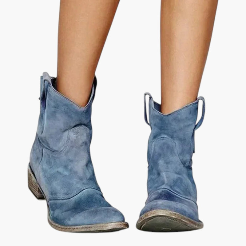 Stivaletti texani da donna con tiretti, tacco largo e suola scolpita, tronchetti bassi - Blu