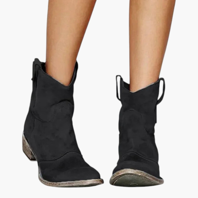 Stivaletti texani da donna con tiretti, tacco largo e suola scolpita, tronchetti bassi - Nero