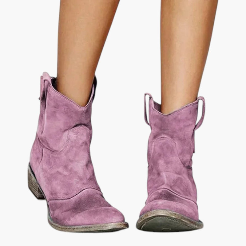 Stivaletti texani da donna con tiretti, tacco largo e suola scolpita, tronchetti bassi - Rosa