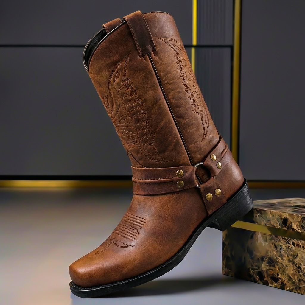Stivali texani da uomo in pelle con fibbia e tacco basso, stile western per l'inverno - stivali cowboy uomo - Marrone Cognac