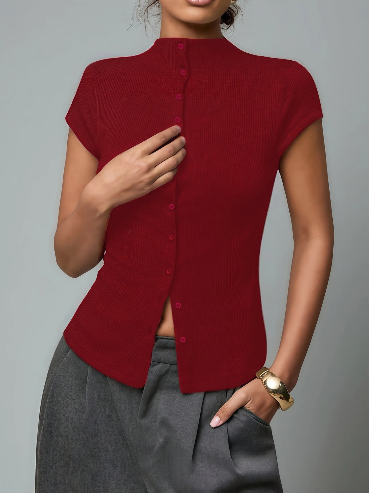 Top da donna aderente a manica corta con collo alto e bottoni, elegante da cerimonia e sottogiacca - Rosso