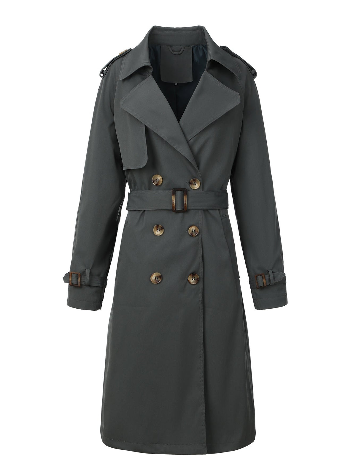 Trench da donna doppiopetto con cintura, lungo ed elegante - Grigio scuro