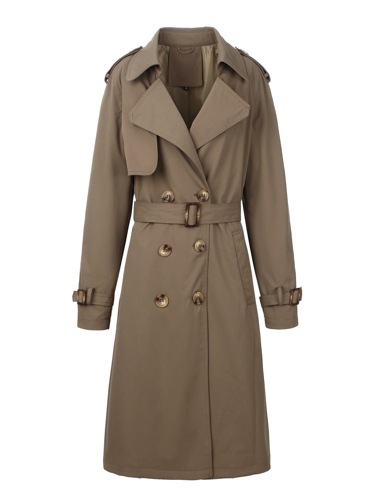 Trench da donna doppiopetto con cintura, lungo ed elegante - Marrone