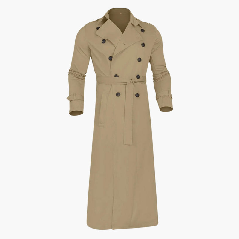 Trench da uomo lungo doppiopetto con collo a revers e cintura in vita - soprabito elegante - view 5