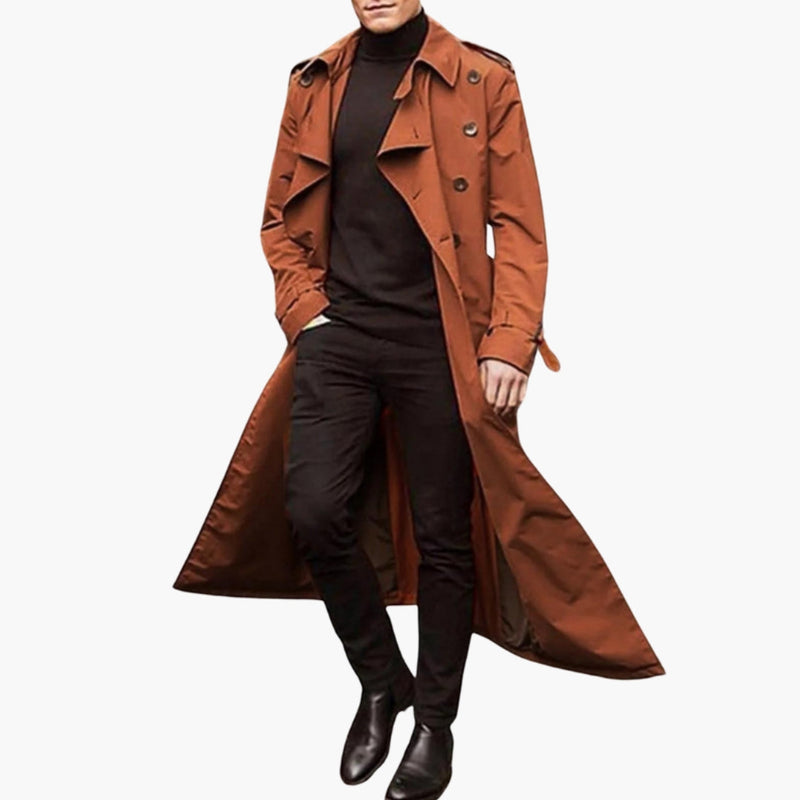 Trench da uomo lungo doppiopetto con collo a revers e cintura in vita - soprabito elegante - Arancione