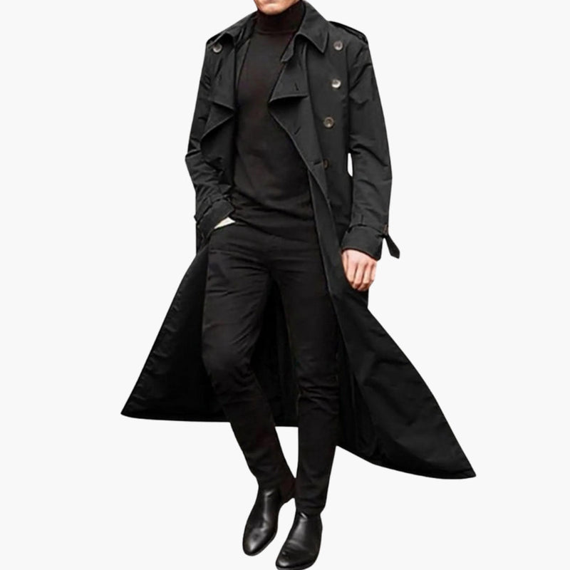 Trench da uomo lungo doppiopetto con collo a revers e cintura in vita - soprabito elegante - Nero