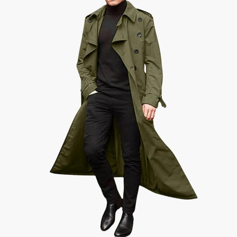 Trench da uomo lungo doppiopetto con collo a revers e cintura in vita - soprabito elegante - Verde