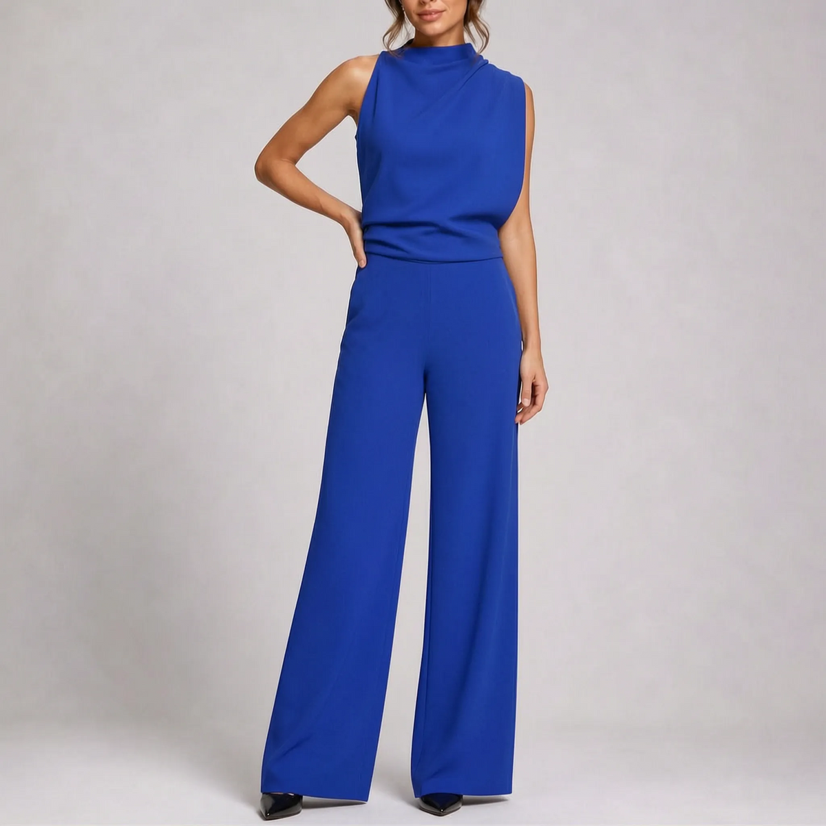Tuta elegante da donna senza maniche a gamba larga, per cerimonia e matrimonio - Blu