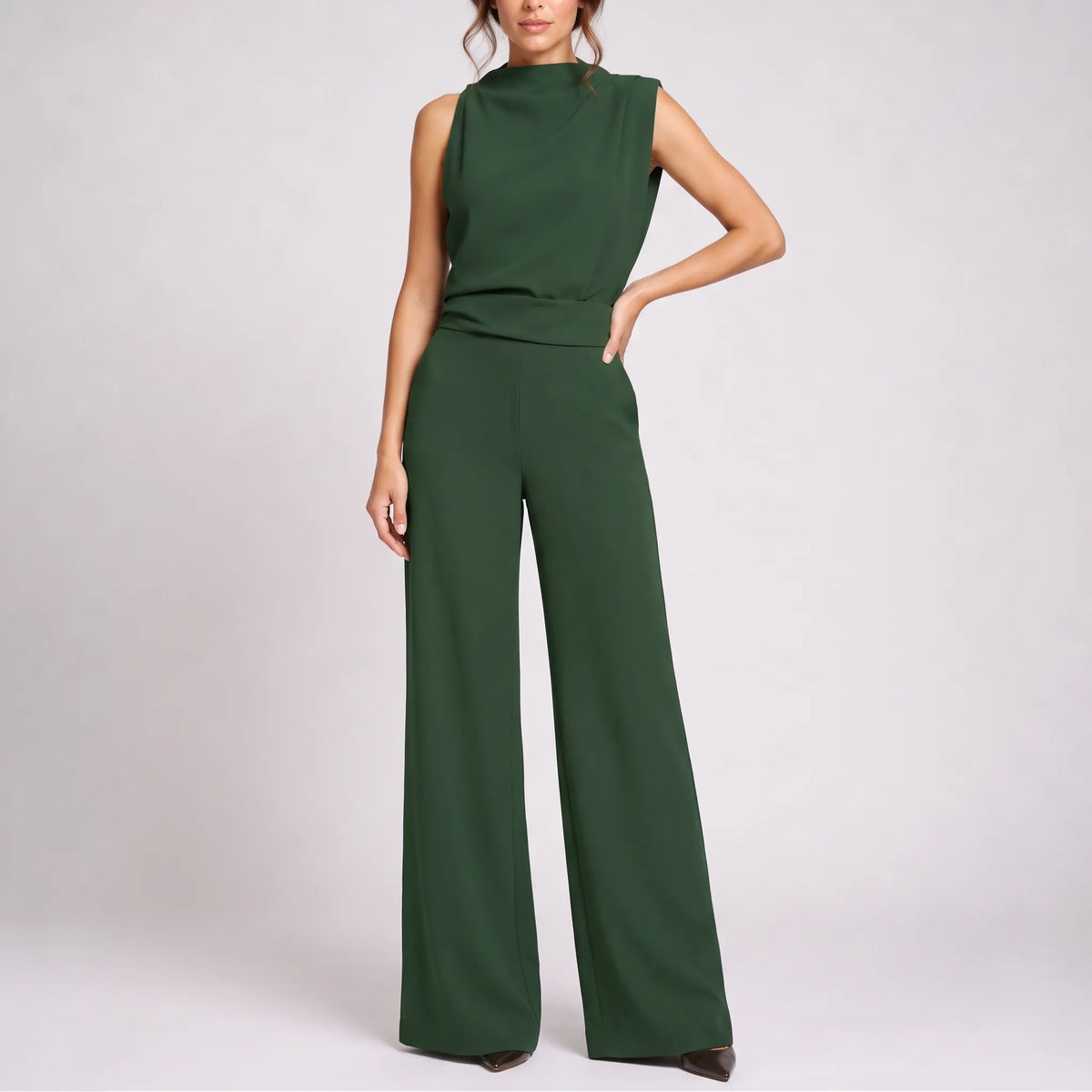 Tuta elegante da donna senza maniche a gamba larga, per cerimonia e matrimonio - Verde