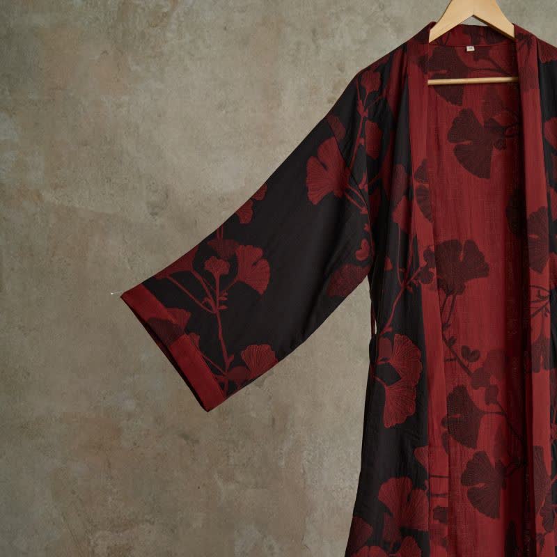 Vestaglia kimono in cotone con stampa ginkgo, reversibile - foto 4