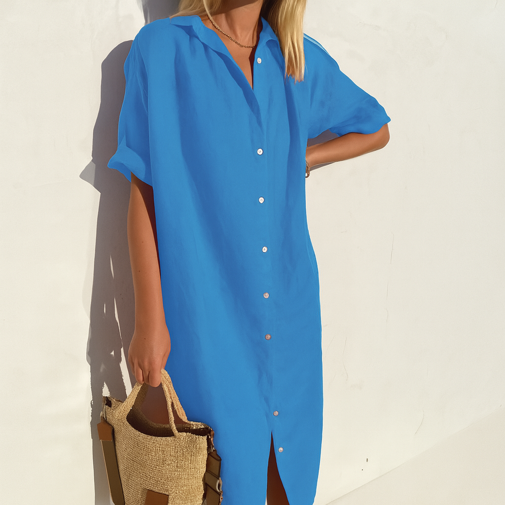 Vestito chemisier in lino da donna, midi a manica corta, estivo e casual - Blu