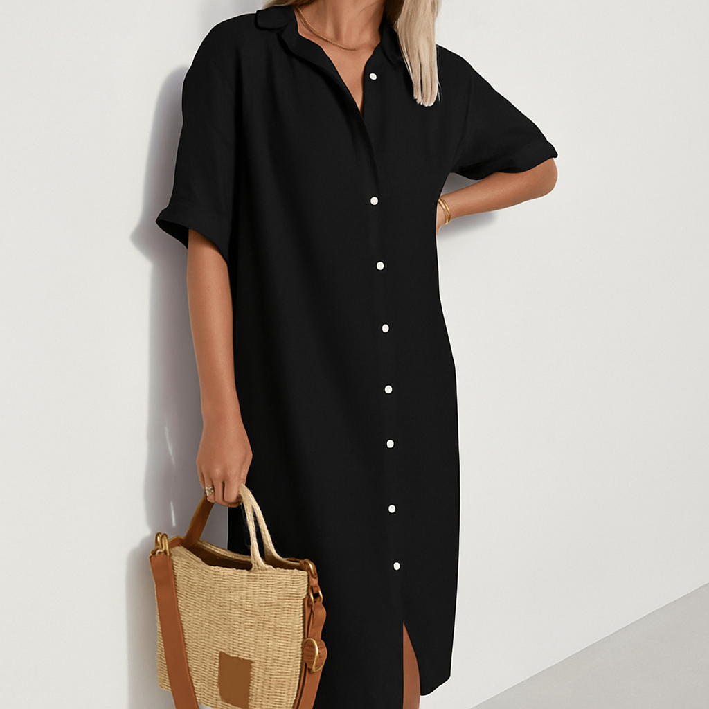 Vestito chemisier in lino da donna, midi a manica corta, estivo e casual - Nero