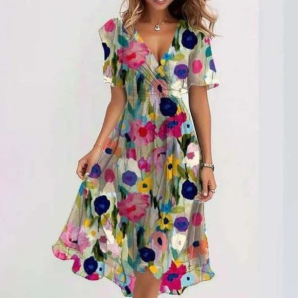 Vestito elegante da donna a fiori con scollo a V e manica corta, abito midi da cerimonia e matrimonio - Multicolore