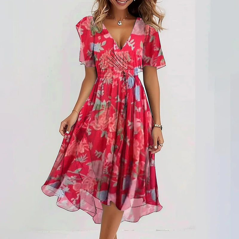 Vestito elegante da donna a fiori con scollo a V e manica corta, abito midi da cerimonia e matrimonio - Rosso