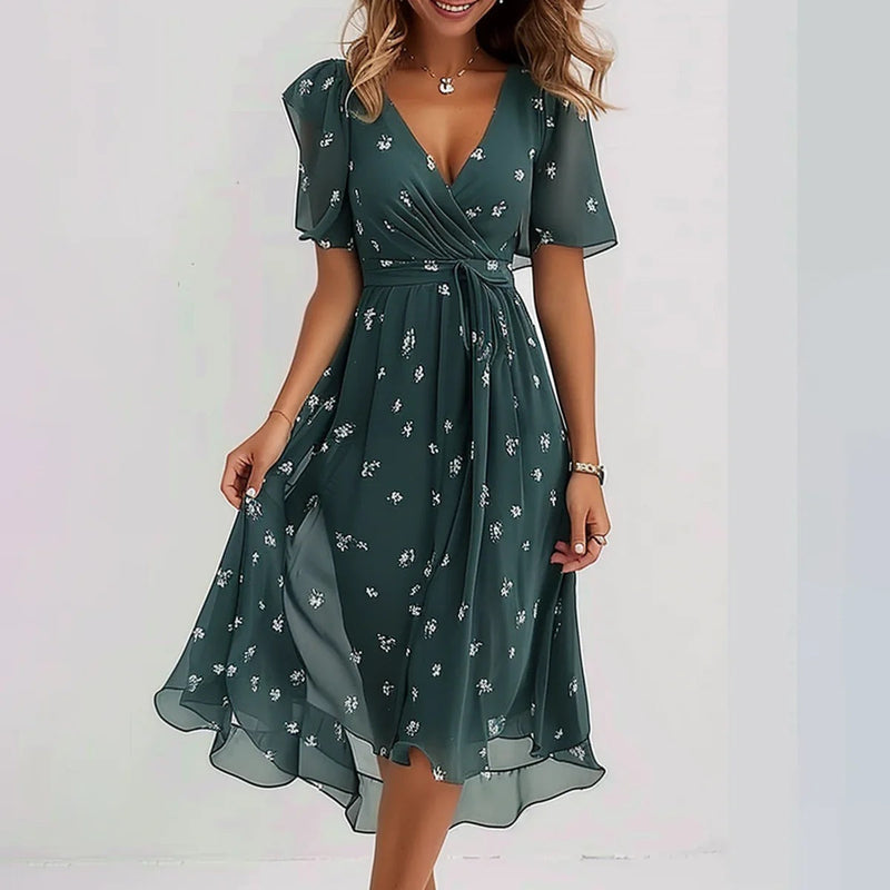 Vestito elegante da donna a fiori con scollo a V e manica corta, abito midi da cerimonia e matrimonio - Verde