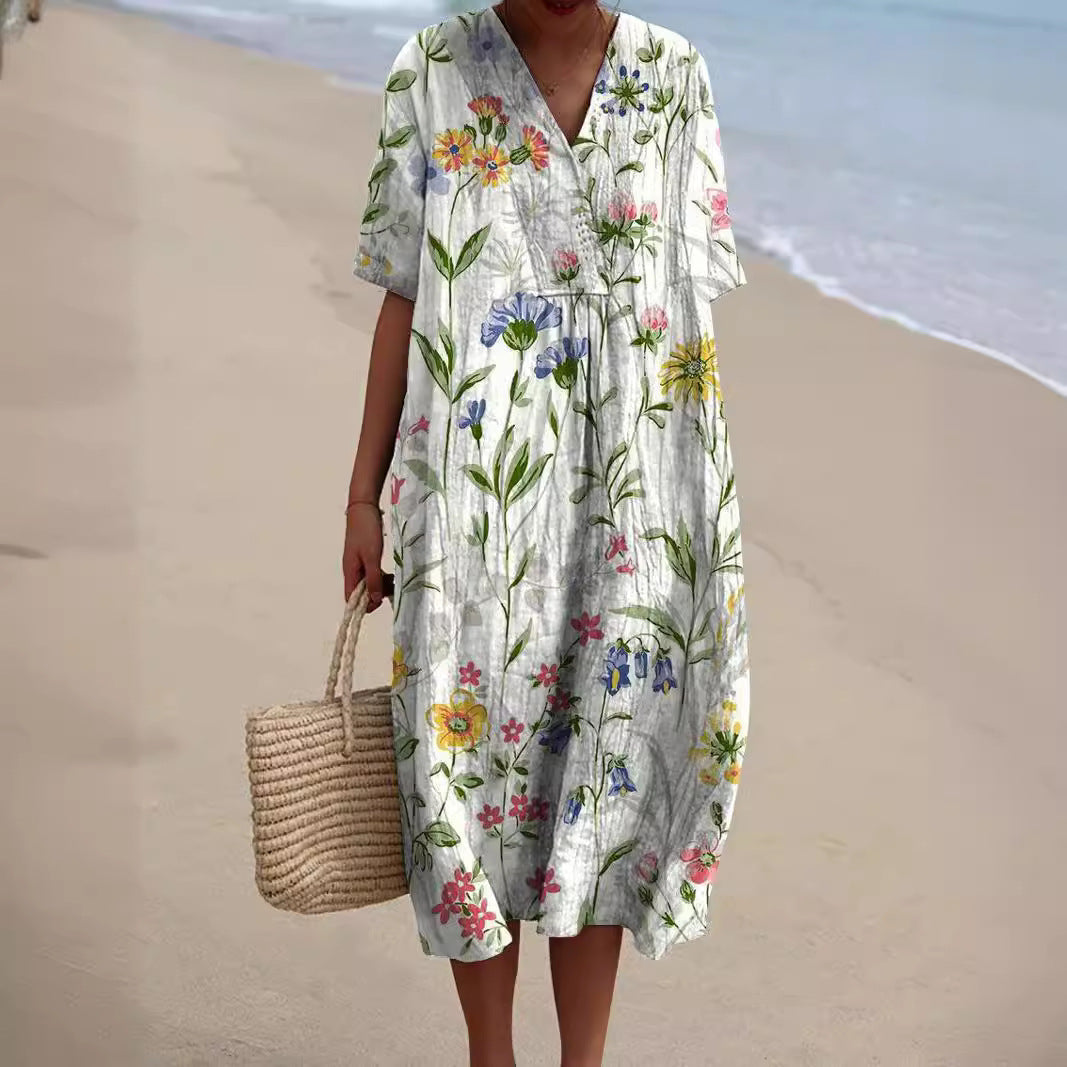 Vestito estivo a fiori da donna midi con scollo a V e manica corta, da mare - Bianco