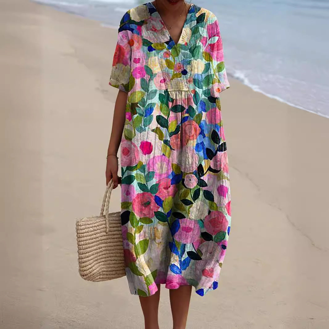 Vestito estivo a fiori da donna midi con scollo a V e manica corta, da mare - Rosa